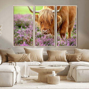 64069351-MGV-CV-36X24-Farmhouse Wall Art – Highland Cow in Wildflowers Canvas Print, Rustic Country Cattle Photography Decor for Bedroom, Living Room,