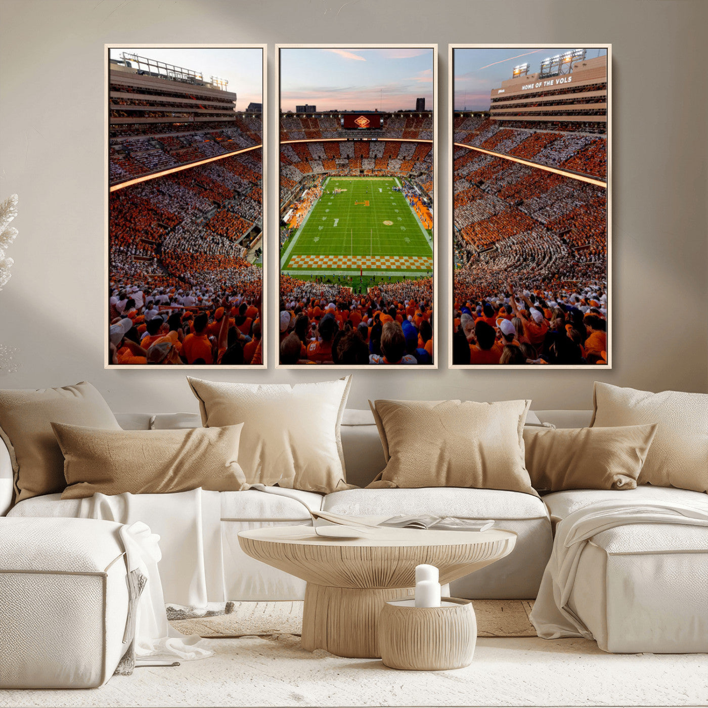 37160229-MGV-FC-48X32-3P_Natural-Neyland Stadium Wall Art – Panoramic Tennessee Volunteers Sunset Canvas Print, Checkerboard Crowd Football Game Day Decor for