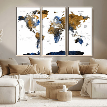 MGV-FC-48X32-3P - World Map Wall Art Canvas Print, Framed Blue Gold Map Art Picture Print, Rustic Atlas Perfect Rustic Modern Decor Artwork