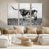 83785-MGV-CV-36X24-Texas Longhorn Wall Art Canvas Print, Framed Horned Bull Art Picture Print, Monochrome Cattle Perfect Rustic Western Decor Artwork