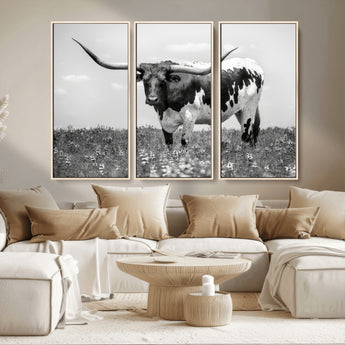 83785-MGV-CV-36X24-Texas Longhorn Wall Art Canvas Print, Framed Horned Bull Art Picture Print, Monochrome Cattle Perfect Rustic Western Decor Artwork