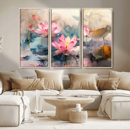 18414-MGV-CV-36X24-Pink Lotus Wall Art Canvas Print, Framed Water Lily Art Picture Print, Dreamy Floral Perfect Dreamy Botanical Decor Artwork
