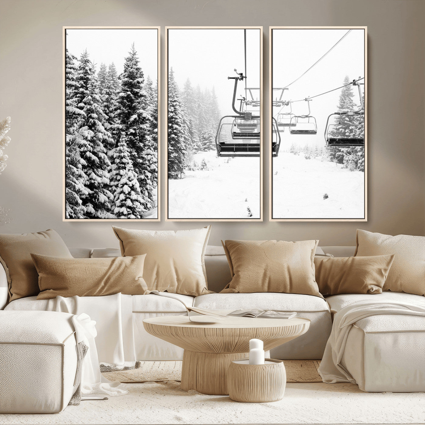 49274-MGV-CV-36X24-Snowy Forest Wall Art Canvas Print, Framed Ski Lift Art Picture Print, Mountain Snow Perfect Minimal Winter Lodge Decor Artwork