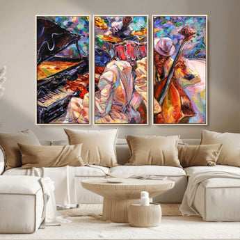13675-MGV-CV-36X24-Jazz Band Wall Art Canvas Print, Framed Jazz Oil Painting Art Picture Print, Vibrant Music Perfect Abstract Musical Decor Artwork