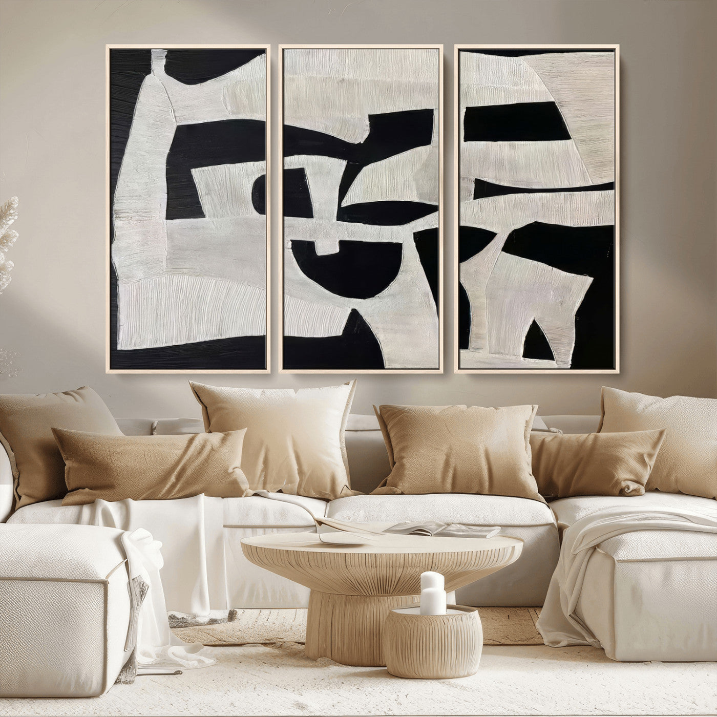 33714-MGV-CV-36X24-Monochrome Design Wall Art Canvas Print, Framed Modern Linework Art Picture Print, Textured Shapes Perfect Monochrome Modern Decor