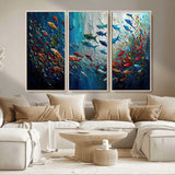 89626-MGV-CV-36X24-Fish Swarm Wall Art Canvas Print, Framed Abstract Ocean Art Picture Print, Underwater Life Perfect Vibrant Coastal Decor Artwork