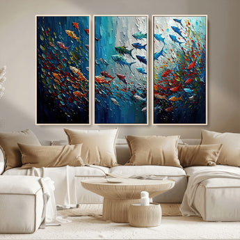 89626-MGV-CV-36X24-Fish Swarm Wall Art Canvas Print, Framed Abstract Ocean Art Picture Print, Underwater Life Perfect Vibrant Coastal Decor Artwork