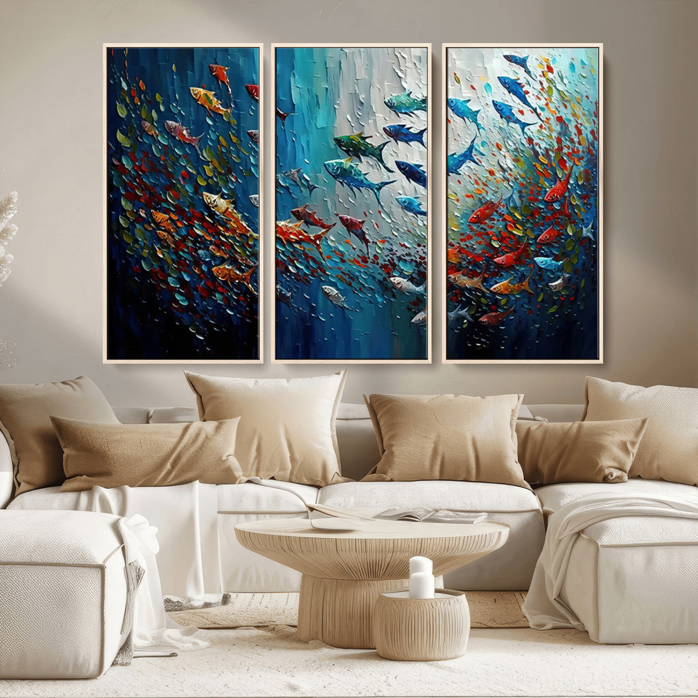89626-MGV-CV-36X24-Fish Swarm Wall Art Canvas Print, Framed Abstract Ocean Art Picture Print, Underwater Life Perfect Vibrant Coastal Decor Artwork