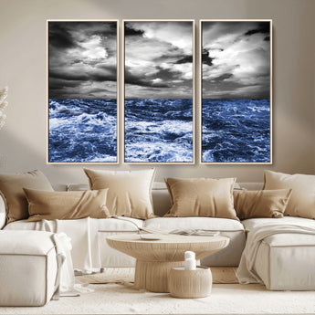 91043-MGV-FC-48X32-3P_Natural-Stormy Ocean Wall Art Canvas Print, Framed Moody Seascape Art Picture Print, Monochrome Sea Perfect Coastal Drama Decor Artwork