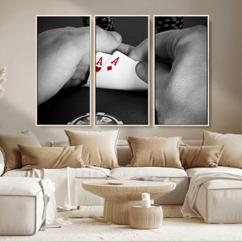 62460-MGV-CV-36X24-Poker Game Wall Art – Close Up of Hands Holding Aces with Chips, Casino Style Decor for Game Room, Man Cave or Office