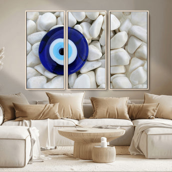 48883-MGV-CV-36X24-Evil Eye Wall Art – Deep Blue Symbol of Presence and Calm on White Stones, Subtle Spiritual Decor for Entryway, Studio, Office or