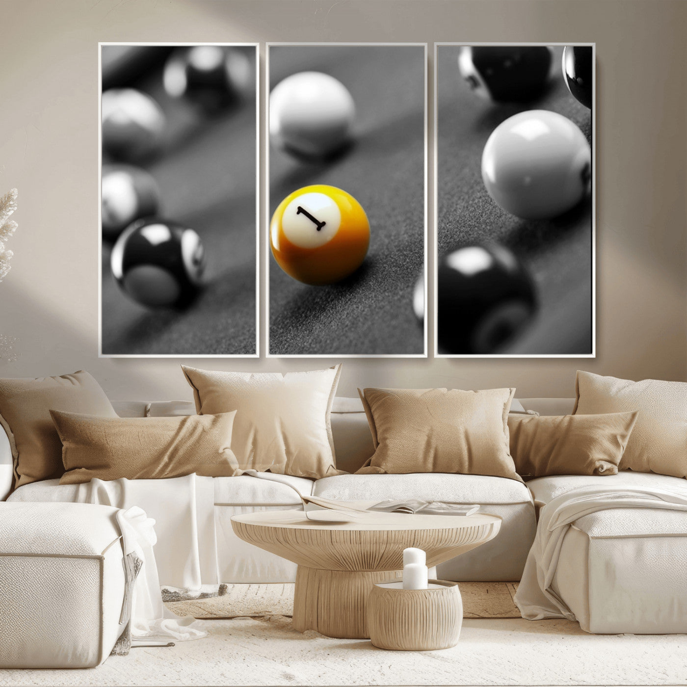 52108-MGV-CV-36X24-Precision Pool Table Wall Art – Close Up Yellow 1 Ball Canvas Print, Hand-Played Billiards Game Decor for Office, Game Room, or