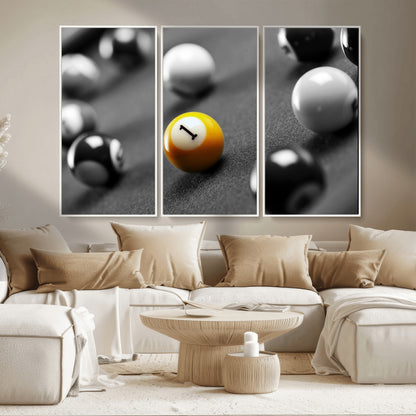 52108-MGV-CV-36X24-Precision Pool Table Wall Art – Close Up Yellow 1 Ball Canvas Print, Hand-Played Billiards Game Decor for Office, Game Room, or
