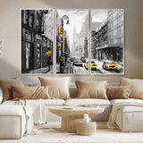 32362-MGV-CV-36X24-NYC Street Wall Art – Black and White Cityscape with Yellow Taxis and Umbrella Canvas Print, Urban Home Decor for Living Room or
