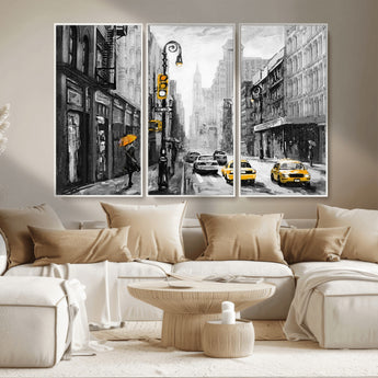 32362-MGV-CV-36X24-NYC Street Wall Art – Black and White Cityscape with Yellow Taxis and Umbrella Canvas Print, Urban Home Decor for Living Room or