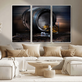 78049-MGV-CV-36X24-Whiskey Barrel Wall Art – Rustic Whiskey Barrel and Glass with Ice Canvas Print, Classic Bar or Lounge Decor for Home, Office, or