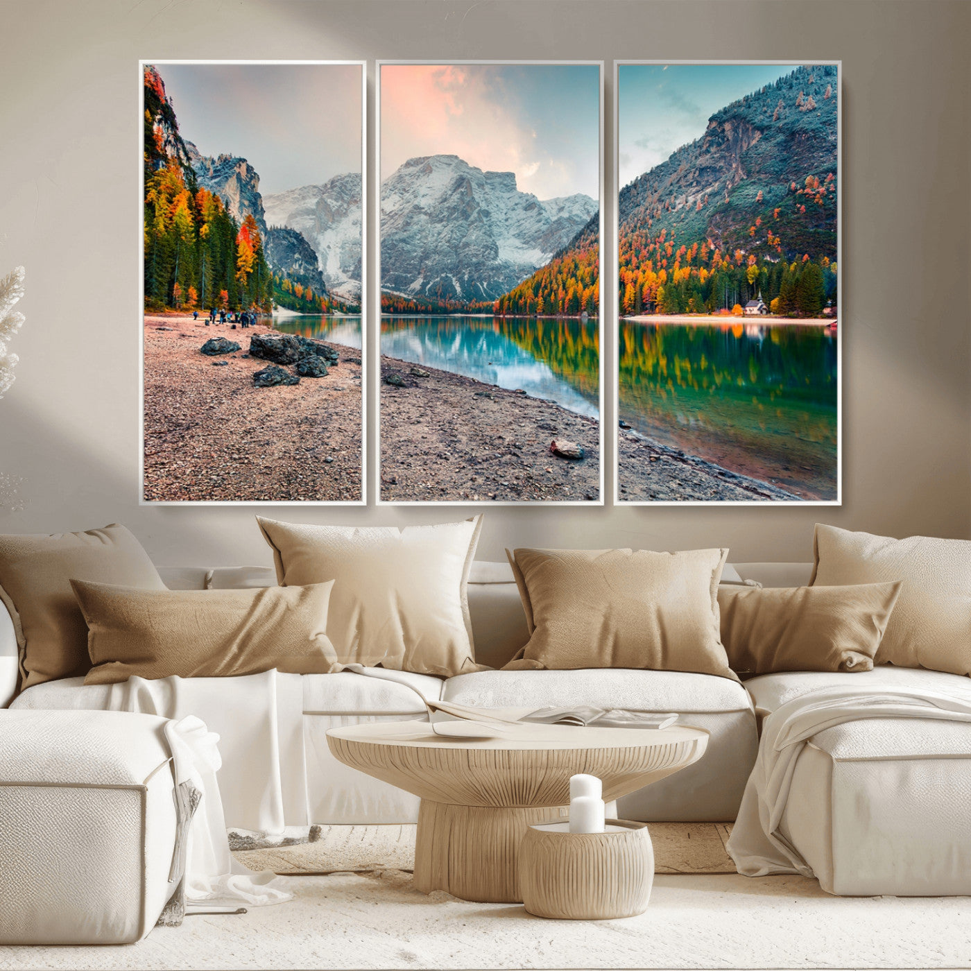 25982-MGV-CV-36X24-Autumn Mountain Lake Wall Art – Panoramic Fall Foliage and Snowy Peaks Canvas Print, Scenic Nature Decor for Living Room or Office