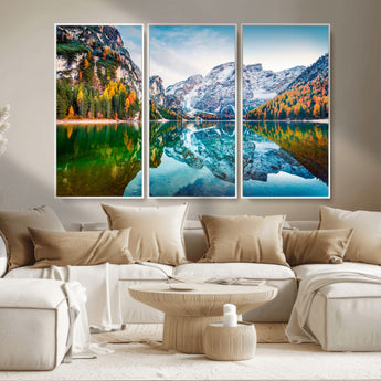 10402-MGV-CV-36X24-Snowy Mountain Lake Wall Art – Autumn Landscape Canvas Print with Reflection, Nature Decor for Living Room, Office, Bedroom or