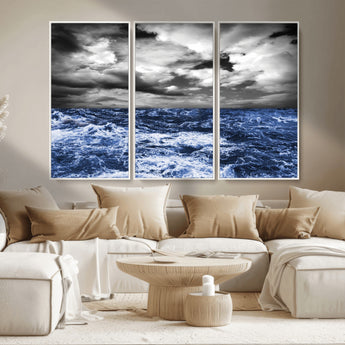 36012-MGV-CV-36X24-Dramatic Stormy Ocean Waves Black and White with Deep Blue Highlights – Moody Seascape Wall Art, Nature Photography Print for Home