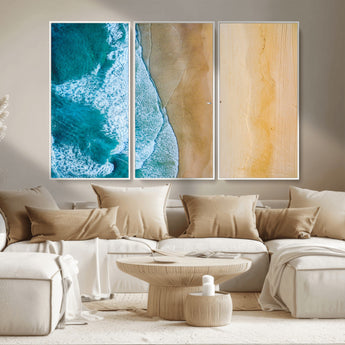 46640-MGV-CV-36X24-Aerial Beach Wall Art – Turquoise Waves and Golden Sand Canvas Print with Lone Surfer, Coastal Ocean Decor for Living Room,