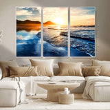 86173-MGV-FC-48X32-3P_White-Golden Sunset Beach Wall Art – Reflective Ocean Canvas Print with Mountains and Waves, Coastal Nature Decor for Living Room,