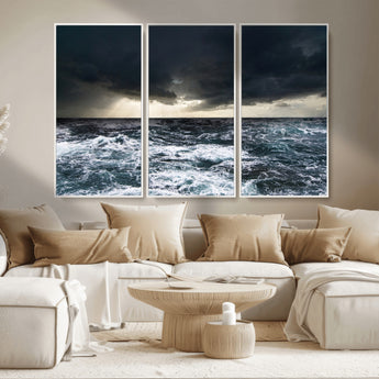 42607-MGV-CV-36X24-Stormy Ocean Wall Art – Dramatic Sea and Sky Canvas Print with Sun Rays, Moody Nature Decor for Living Room, Office, Bedroom or