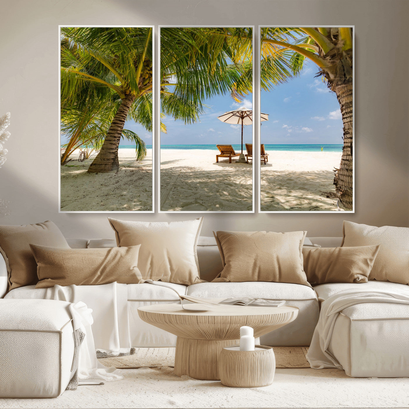 83601-MGV-FC-48X32-3P_White-Tropical Beach Wall Art – Serene Palm Trees and Lounge Chairs Canvas Print, Relaxing Coastal Decor for Living Room, Bedroom or