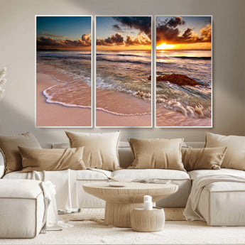38302-MGV-CV-36X24-Sunset Beach Wall Art – Stunning Ocean Waves and Rock Canvas Print, Warm Coastal Decor for Living Room, Bedroom, Office or Beach