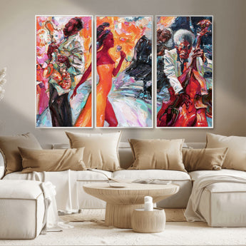 24452-MGV-FC-48X32-3P_White-Vibrant Jazz Musician Painting - Expressive Art Print of Live Jazz Band, Perfect Wall Decor for Music Lovers and Art Enthusiasts