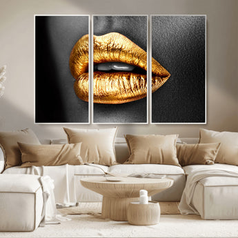 84747-MGV-CV-36X24-Golden Lips Black & White Portrait – Glamorous Metallic Lip Art Print, Modern Wall Decor for Bedroom, Beauty & Fashion Lover Gift