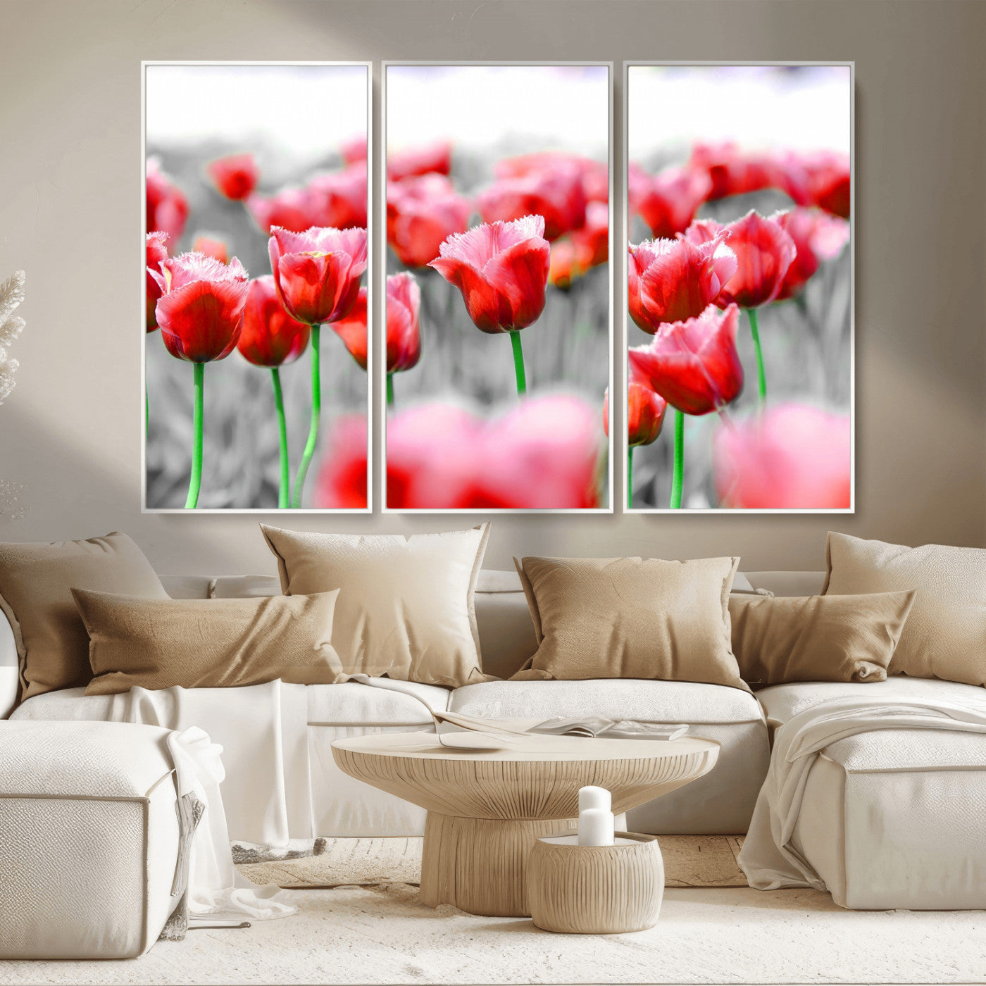 44554-MGV-CV-36X24-Vibrant red tulips stand out beautifully against a black-and-white background, making a striking decor piece perfect for any home