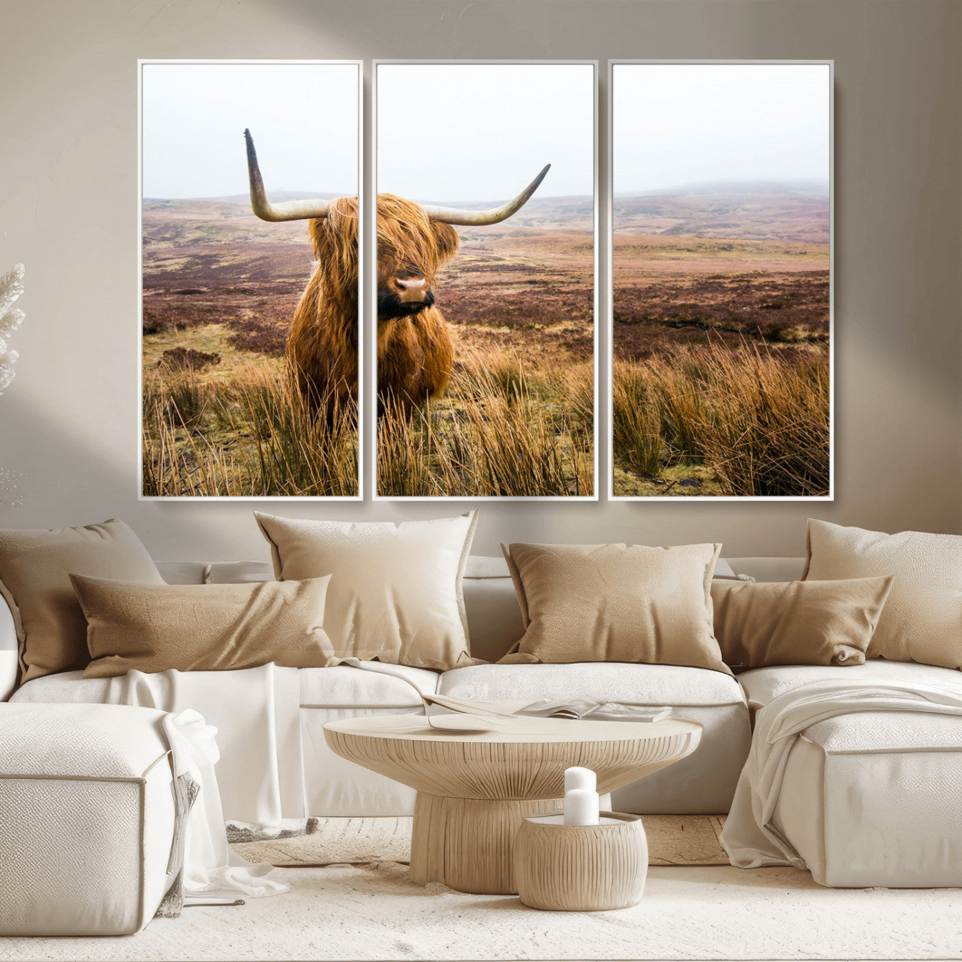 79391-MGV-CV-36X24-Majestic Highland Cow in Misty Scottish Moorland – Rustic Natural Charm, Perfect for Unique Home or Office Decor