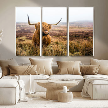 79391-MGV-CV-36X24-Majestic Highland Cow in Misty Scottish Moorland – Rustic Natural Charm, Perfect for Unique Home or Office Decor