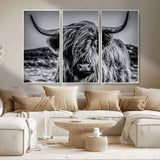 97372-MGV-CV-36X24-Elegant Highland Cow Wall Art – Black and White Canvas Print, Rustic Nature Decor for Home, Office, Living Room or Man Cave