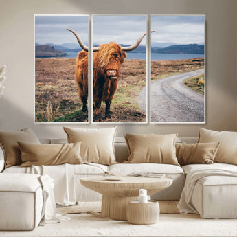 56121-MGV-CV-36X24-Rustic Highland Cow Wall Art – Panoramic Nature Canvas Print, Perfect Decor for Home, Office, Living Room or Man Cave