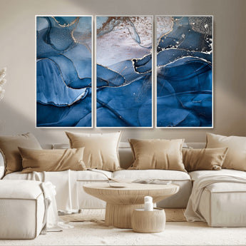 27810-MGV-CV-36X24-Abstract Blue Gold Fluid Art Wall – Modern Canvas Print, Elegant Home & Office Wall Art, Stylish Living Room or Bedroom Decor