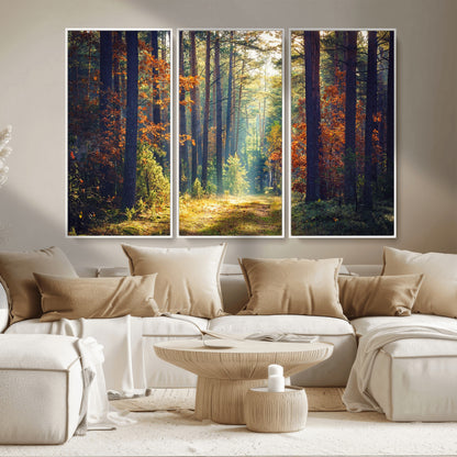 86249-MGV-CV-36X24-Sunlit Autumn Forest Path Wall Art – Peaceful Nature Scene with Fall Foliage, Calming Woods Decor for Home or Office