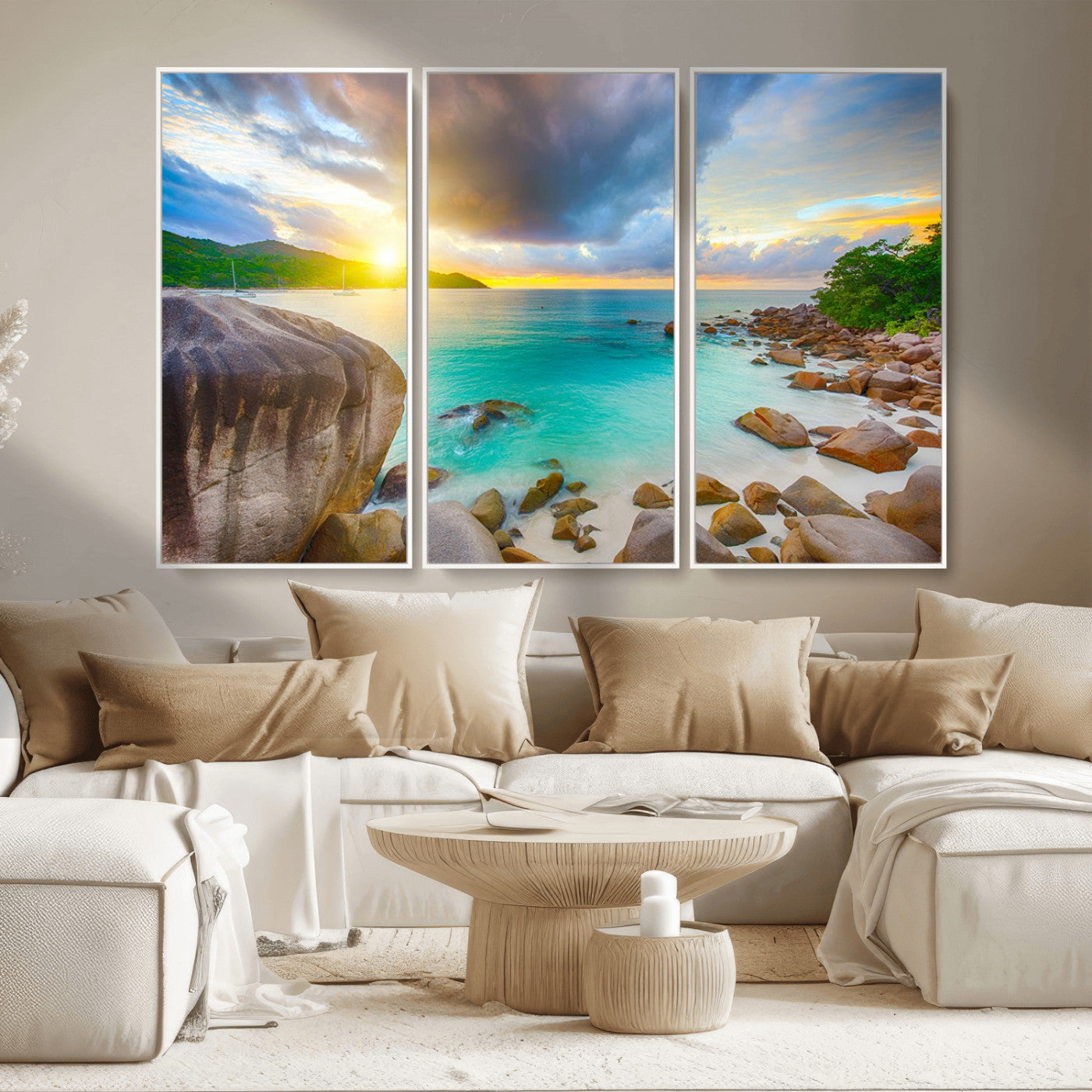 23769-MGV-CV-36X24-Tropical Beach Sunset Wall Art – Ocean Waves and Rocky Shore Canvas Print, Coastal Seascape Photography Decor