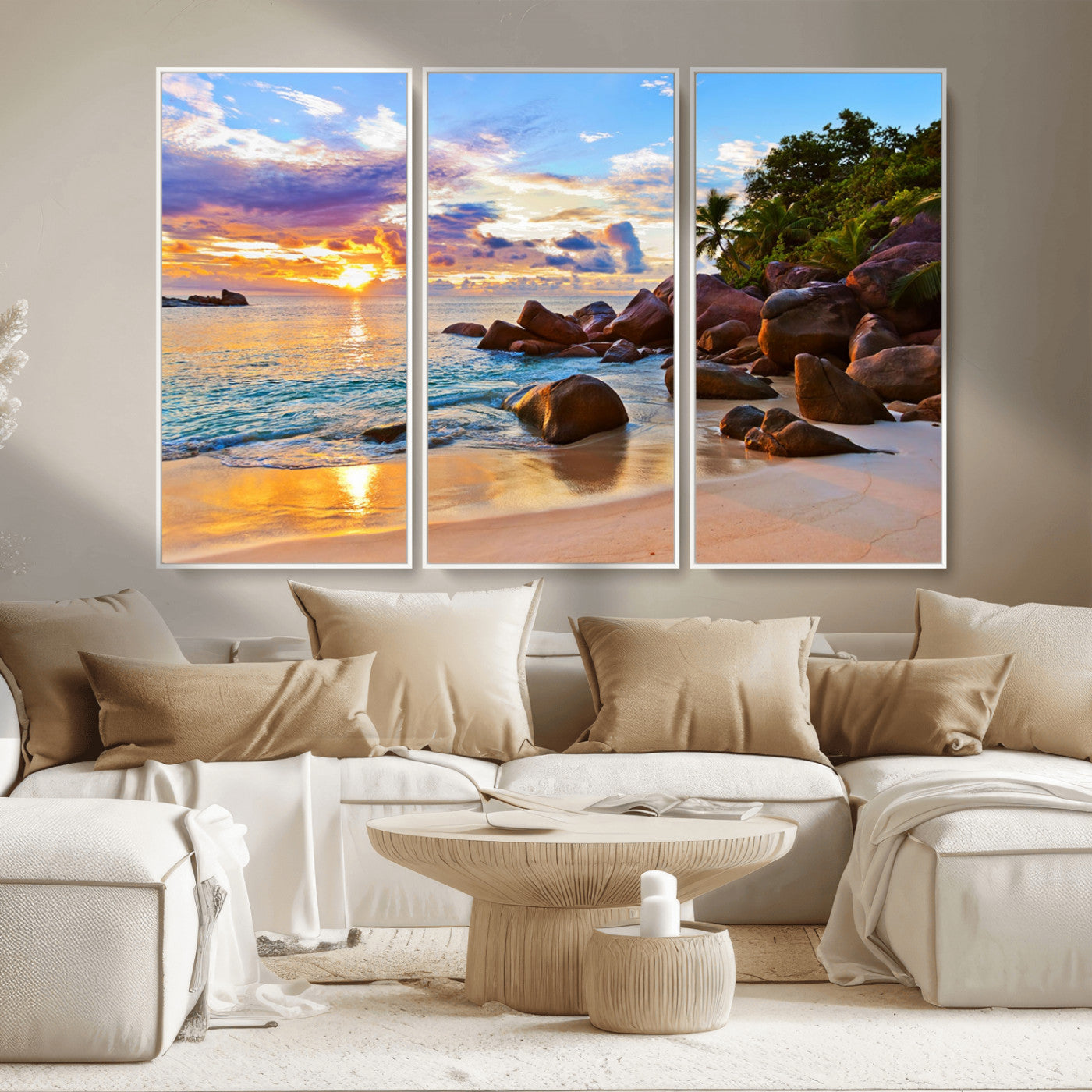 43209-MGV-CV-36X24-Tropical Beach Sunset Wall Art – Golden Ocean Waves and Palm Trees with Rocky Shore Canvas Print, Coastal Seascape Decor for
