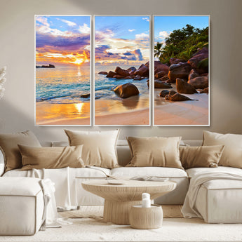 43209-MGV-CV-36X24-Tropical Beach Sunset Wall Art – Golden Ocean Waves and Palm Trees with Rocky Shore Canvas Print, Coastal Seascape Decor for