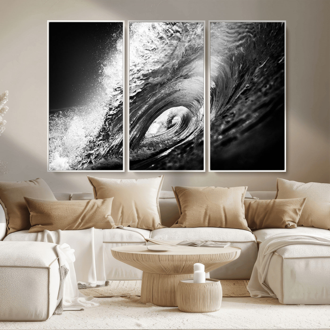 22702-MGV-CV-36X24-Black and White Ocean Wave Wall Art – Powerful Surf Curl Photography Canvas Print, Modern Coastal Decor for Living Room, Office or