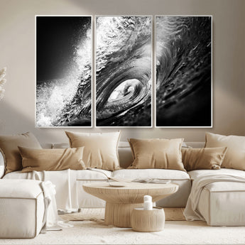 22702-MGV-CV-36X24-Black and White Ocean Wave Wall Art – Powerful Surf Curl Photography Canvas Print, Modern Coastal Decor for Living Room, Office or