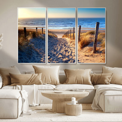 31889-MGV-CV-36X24-Sandy Beach Pathway Wall Art – Coastal Dune Fence and Ocean View Canvas Print, Relaxing Seaside Landscape Decor for Living Room or