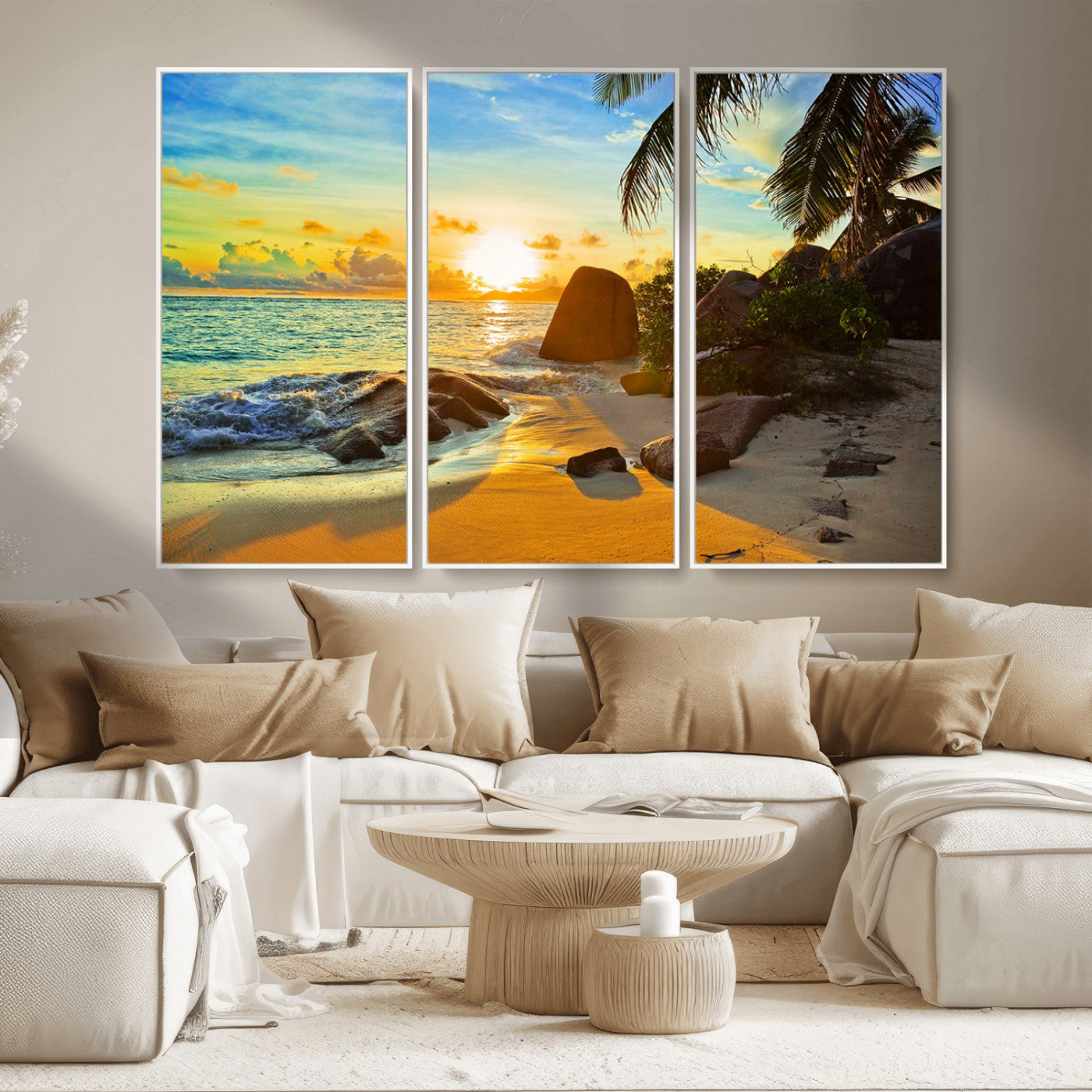 26181-MGV-CV-36X24-Golden Tropical Sunset Beach Wall Art – Ocean Canvas Print with Palm Trees and Rocks, Coastal Paradise Decor for Living Room or