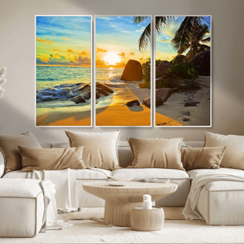 26181-MGV-CV-36X24-Golden Tropical Sunset Beach Wall Art – Ocean Canvas Print with Palm Trees and Rocks, Coastal Paradise Decor for Living Room or