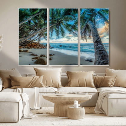 39679-MGV-CV-36X24-Tropical Palm Beach Wall Art – Serene Ocean Canvas Print with Palm Trees and Rocks, Coastal Paradise Decor for Living Room or