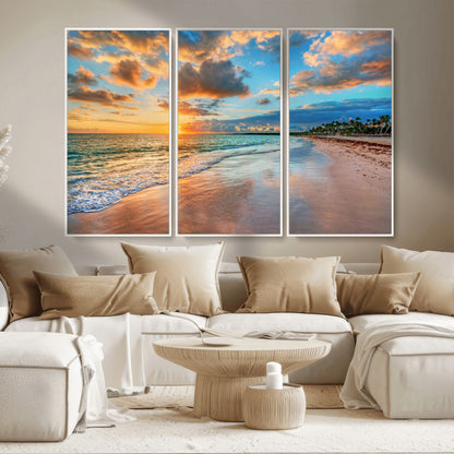 41572-MGV-CV-36X24-Sunset Beach Wall Art – Ocean Waves and Palm Trees Canvas Print, Tropical Coastal Sunset Seascape Decor for Living Room, Bedroom