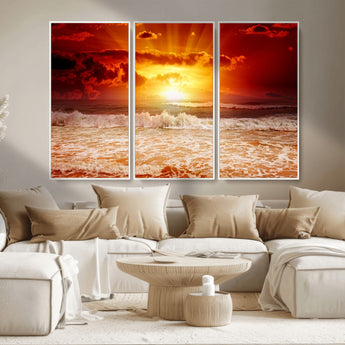 60211-MGV-CV-36X24-Fiery Sunset Ocean Wall Art – Red Sky Seascape Canvas Print with Waves, Bold Coastal Sunset Decor for Living Room or Bedroom
