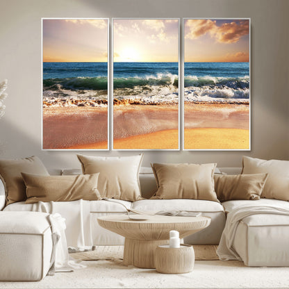 79005-MGV-CV-36X24-Golden Sunrise Ocean Waves Wall Art – Panoramic Seashore Canvas Print, Calming Coastal Decor for Home, Office or Relaxation Space