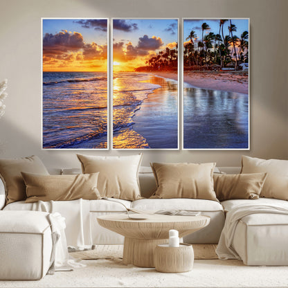 19917-MGV-CV-36X24-Tropical Sunset Beach Wall Art – Panoramic Palm Trees and Ocean Canvas Print, Vibrant Coastal Decor for Living Room, Office or Man